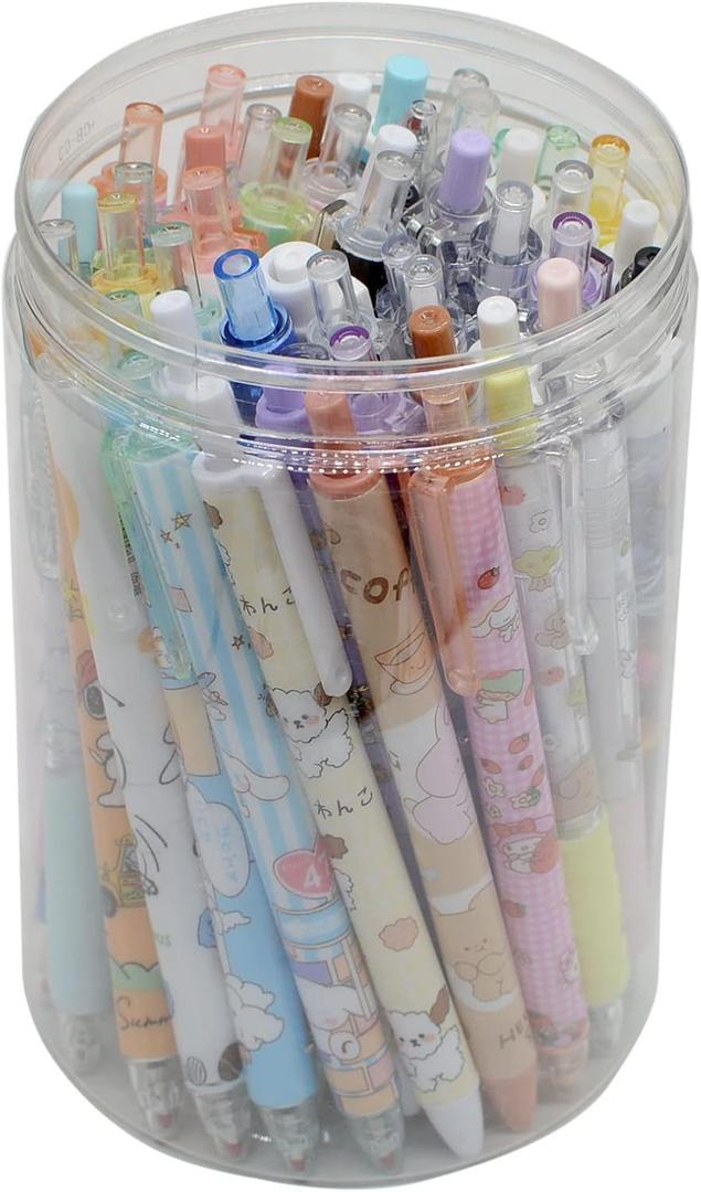 YIKANGHENG 50 Pcs Fine Point Cute Pens With a Pen Holder, 0.5mm 50 Different Random Styles Black Ink Kawaii Gel Pens for Office, Study, Gift and Home Supplies (50)