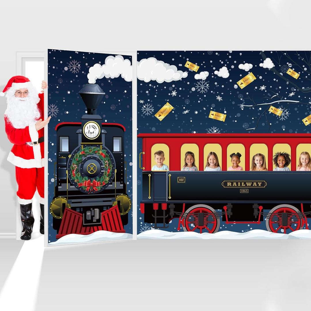 Winter Express Train Door Banner Xmas Vintage Express Train Door Cover Classroom Christmas North Pole Porch Backdrop Holiday Classroom Office Home Party (2 Pcs, Locomotive Carriage)