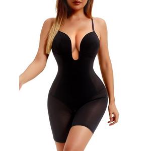 Decorus Women's Backless Shapewear Tummy Control Shaping Low Back Full Deep Plunge Strapless Bodysuit Mid Thigh Control Body Shaper for Women Black, Medium