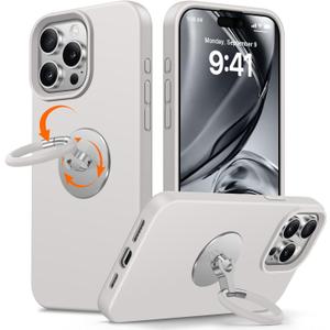 XYZ for iPhone 15 Pro Max Case with Stand [Rotatable 360 Soft Ring Holder], Premium Silicone with [Soft Anti-Scratch Microfiber Lining] Phone Cover for Women Girls 6.7 Stone