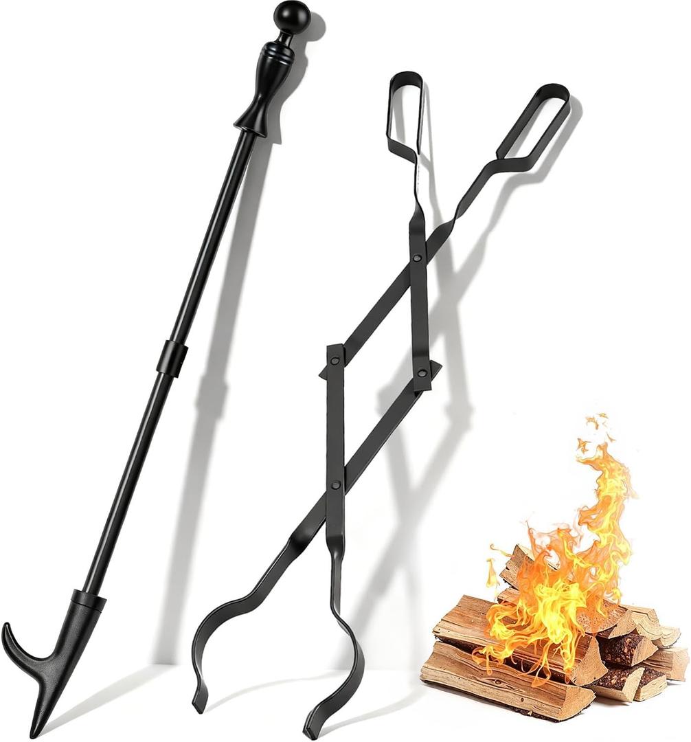 AMAGABELI GARDEN & HOME 32" Long Fire Pit Poker Stick and 26" Fireplace Tongs Tool Sets Fireplace Log Grabber for Firewood Campfire Bonfire Heavy Duty Wrought Iron Rustproof Indoor Outdoor Wood Stove