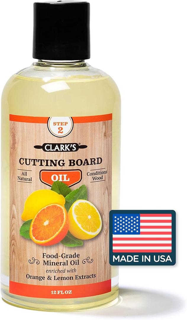 CLARK'S Cutting Board Oil - Food Grade Mineral Oil for Cutting Board - Enriched with Lemon and Orange Oils - Butcher Block Oil and Conditioner - Mineral Oil - Restores and Protects All Wood - 12oz