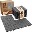 Premium Acacia Wood Interlocking Deck Tiles, 9 PCS 12"x12"x0.9" Patio Flooring, Outdoor Waterproof Decking Tiles for Balcony, Backyard & Patio, All Weather Use (Gray - Crossed Pattern)