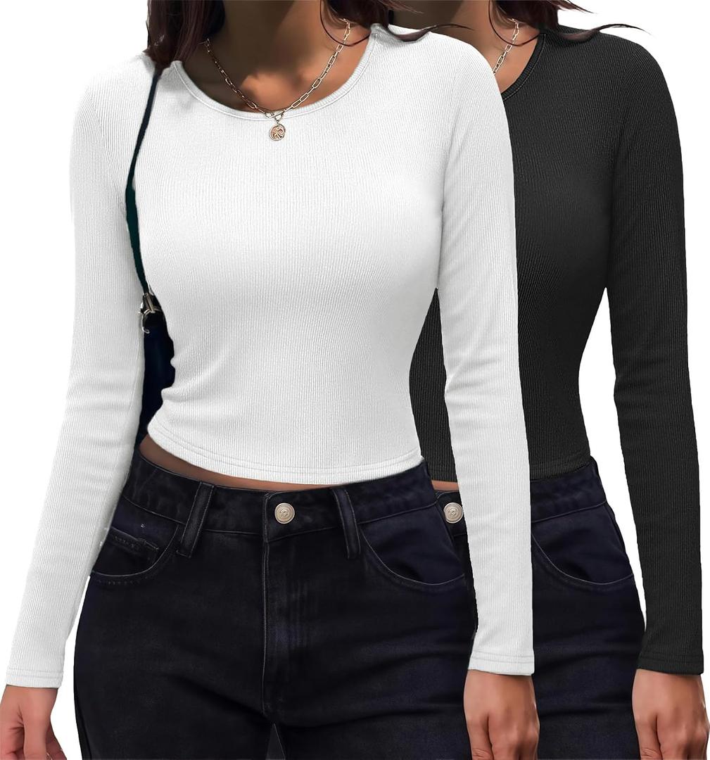 Zeagoo Womens Ribbed Fitted Crop Tops Long Sleeve T Shirts Basic Scoop Neck Casual Slim Fitted Y2k Clothes 2026 (XXL)