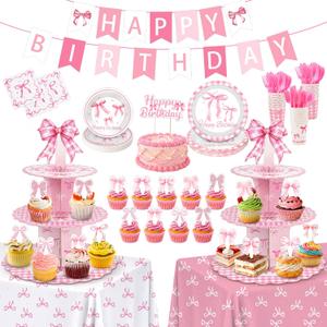 2 x 198pcs Pink Bow Birthday Party Decorations Serve 24, Include Plates Napkins Cups, Cupcake Stands, Birthday Banner, Cake Toppers, Silverware, Tablecloth Coquette Bow-themed Supplies for Girls&Women