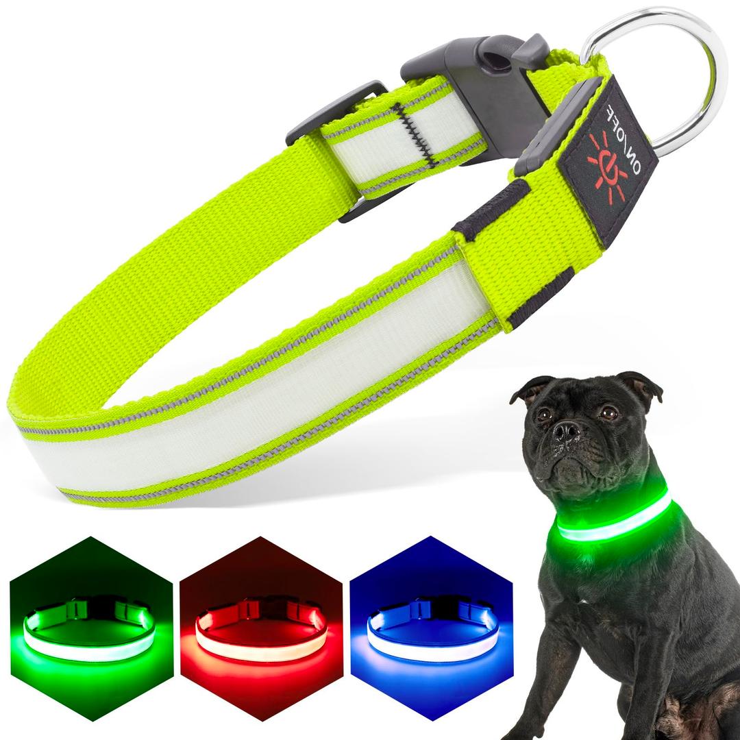 PZRLit LED Light Up Dog Collars Micro USB Rechargeable Waterproof, Full Adjustable Lighted Glow Dark Dog Collar Light for Night Walking for Small Medium Large Dogs, Green