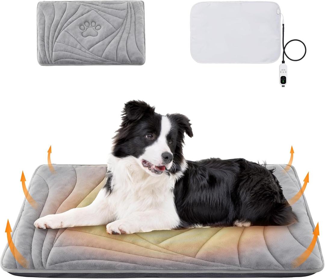 Large Dog Heating Pad with Washable Cover, Soft Plush Pet Heating Pad with 9 Adjustable Temperature, Timer, Chew-Resistant Cord, Waterproof Electric Heated Pet Bed Mat for Dogs and Multi-Cats (L: 35'' x 24'', Grey)