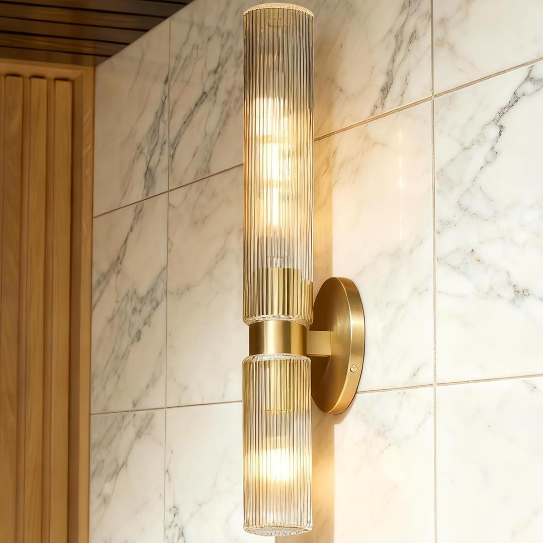 22.5 Inch Modern Fluted Glass Double Cylinder Wall Sconce, 2-Light Asymmetrical Textured Shades, Wall Mounted Light for Living Room, Hallway, Bedroom, Porch, Bathroom