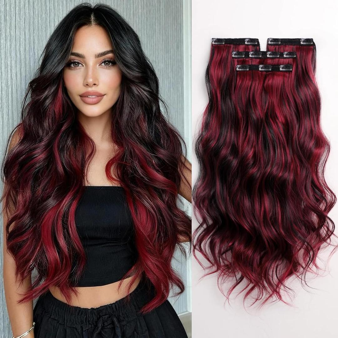 25 Inch Clip in Hair Extensions for Women Long Wavy Synthetic Hair Extension 4PCS Thick Hairpieces Natural Soft Clip On Extensions Invisible Volumizer Clips Ins for Thin Hairs Black Mix Red