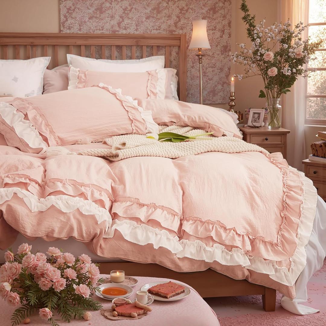 Bedorm Ruffle Duvet Cover Queen Coquette Bedding Ultra Soft Breathable Shabby Chic Bedding Pink Ruffled Duvet Cover Set Cute Comforter Cover