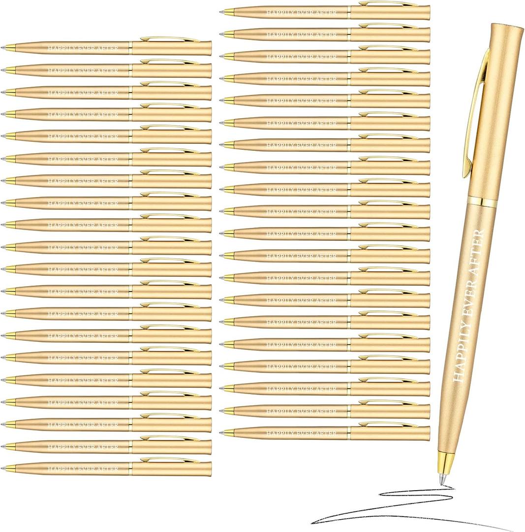 Outus 100 Pcs Wedding Favors Pens Metal Bulk Slim Ballpoint Pen 1 mm Medium Point Retractable with Black Ink Bridal Shower Recuerdos Para Boda Party Gift Guest Office Business Student Teachers(Gold)