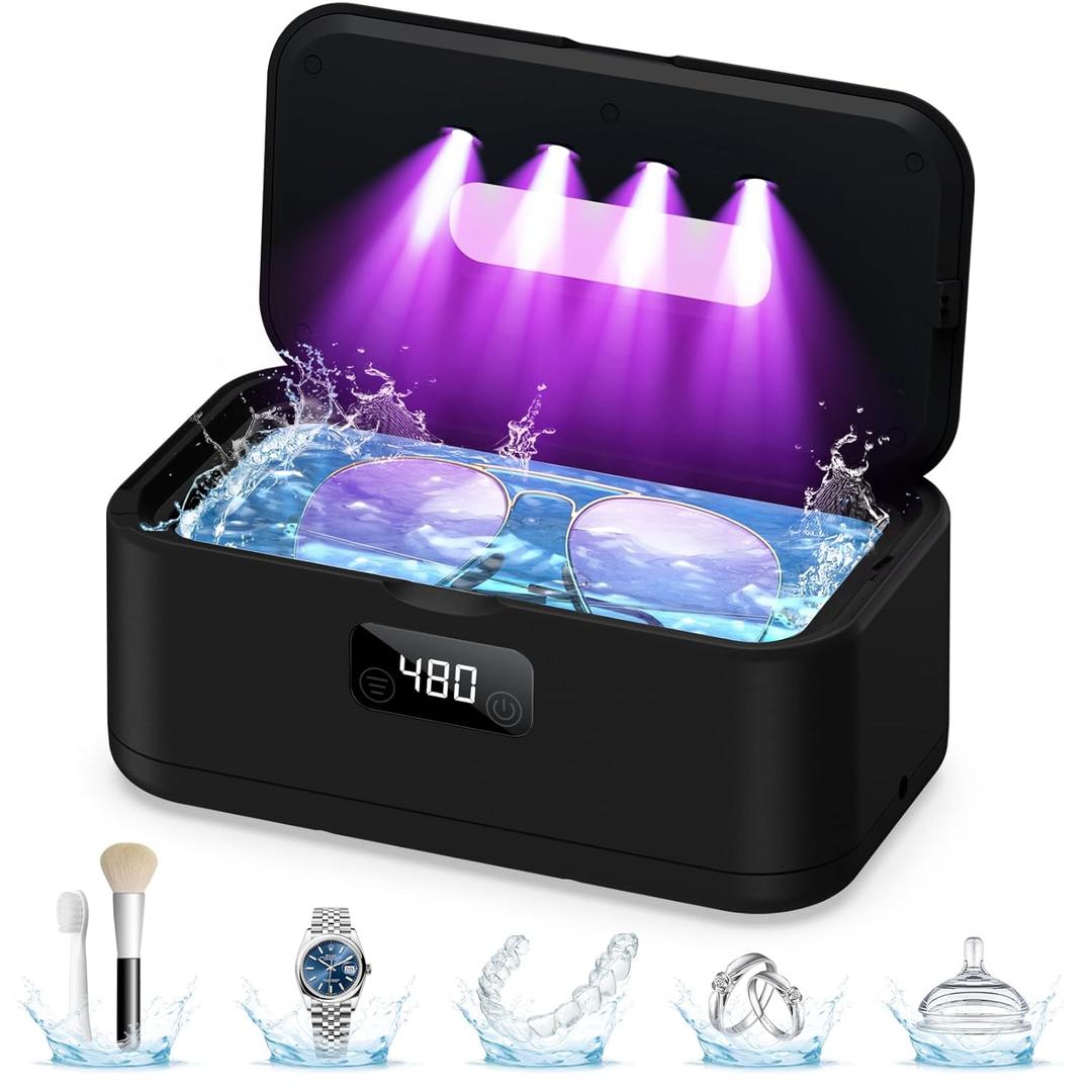 Ultrasonic Jewelry Cleaner, 50Khz Jewelry Cleaner Ultrasonic Machine for Jewelry, Eyeglasses, Rings, Watch Strap, Dentures, 24oz - 304 Stainless Steel Tank, Digital Timer, 5 Cleaning Modes(Black)