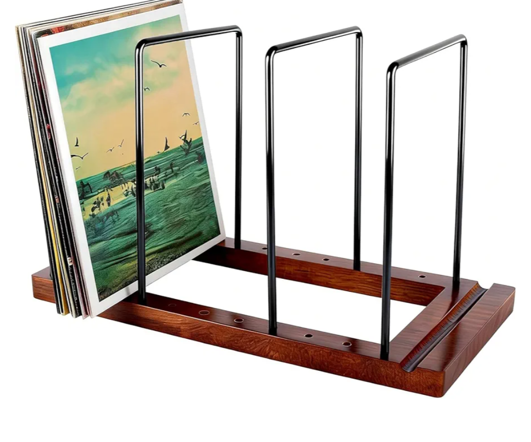 Vinyl Record Storage Holder with 4 Metal Dividers, Solid Wood Record Stand for 75 LPs, Built-in Now Playing Display, Sleek Vinyl Rack & Album Organizer for Desktop, Walnut Finish