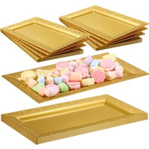 Maxcheck 24 Pcs Gold Plastic Serving Tray Platter Set 14 x 7.5 Inches Gold Lace Rim Serving Trays for Food Dessert Fruit Cupcake Weddings Table Parties Display