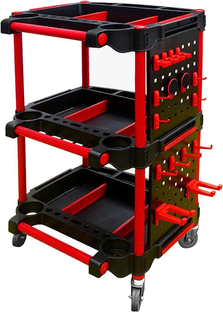 Car Detailing Cart with Wheels  3-Tier Heavy-Duty Mobile Utility Organizer for Car Wash & Auto Repairs  Adjustable Side Trays, Tool Hooks  Workshop Storage for Mechanics & Detailers
