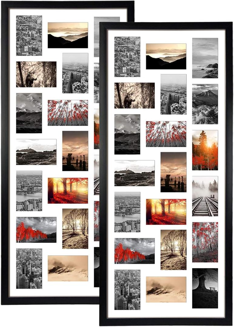 QUTREY 20 Opening 4x6 Collage Picture Frame Set of 2, 18.1x41.3 inches Black Multiple Frames Display 4 by 6 inch Photos with Mat for Wall Hanging