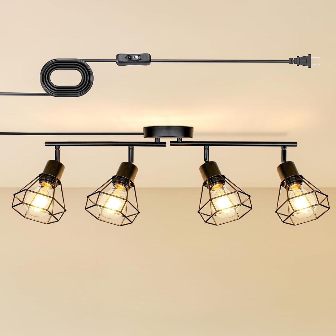 LTBLIGHT 4-Light Plug in Track Lighting with Power Cord, Plug in Ceiling Light with ON/Off Switch, LED Spotlight for Kitchen, Living Room, Artwork, E26 Base (Bulbs Not Included)