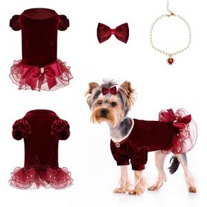 Dog Dresses for Small Dogs Girl Puppy Christmas Outfit Dog Tulle Spring Clothes with Pearl and Bow (Burgundy,M)