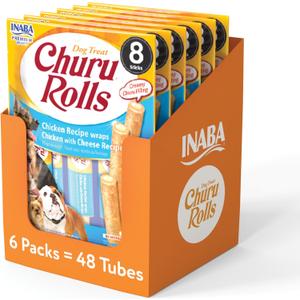 INABA Churu Rolls for Dogs, Grain-Free, Soft/Chewy Baked Chicken Wrapped Churu Filled Dog Treats, 0.42 Ounces Each Stick| 48 Stick Treats Total (8 Sticks per Pack), Chicken with Cheese Recipe
