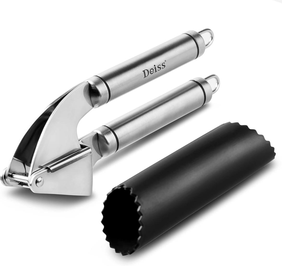 Deiss PRO Garlic Press and Silicone Garlic Peeler Set - Stainless Steel Rust Proof Garlic Mincer & Garlic Crusher for Ginger & Nuts, Garlic Roller Peeler - Easy to Squeeze and Clean, Dishwasher Safe