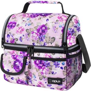 opux Insulated Lunch Bag Women Men, Dual Compartment Leakproof Lunch Box Adults Kids, Double Decker Meal Prep Bento Lunch Cooler Tote with Shoulder Strap for Work Office School Travel, Floral Purple