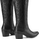 Athlefit Cowboy Cowgirl Boots for Women Fashion Low Chunky Heel Snip Toe Embroidery Western Mid Calf Boots (7.5, Black)
