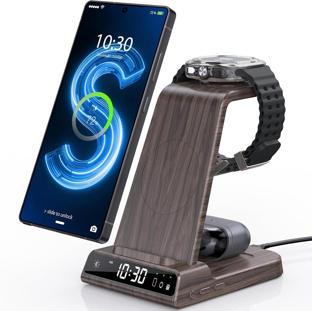 Wireless Charger for Samsung Charging Station with Clock for Samsung Galaxy S25 Ultra/S24 Ultra/Z Flip 6/Fold 7/Bud, 3 in 1 Charger Station Watch Charger for Samsung Galaxy Watch 8/7/6/5(Wood Grain)