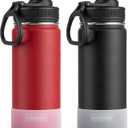 koodee 2 Pack Water Bottle 18 oz Stainless Steel Double Wall Vacuum Insulated Sports Water Bottle for Girls and Boys, Reusable Metal Water Flask with 2 Lids-BPA Free and Leakproof (Canyon Red-Black)