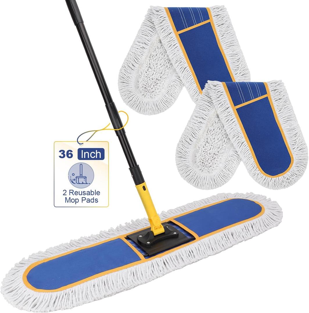 36" Commercial Dust Mop: Heavy Duty Industrial Floor Duster with 2 Cotton Reusable Mop Pads - 59 Inch Long Handle Wet Dry Flat Mops for Floor Cleaning (Blue)