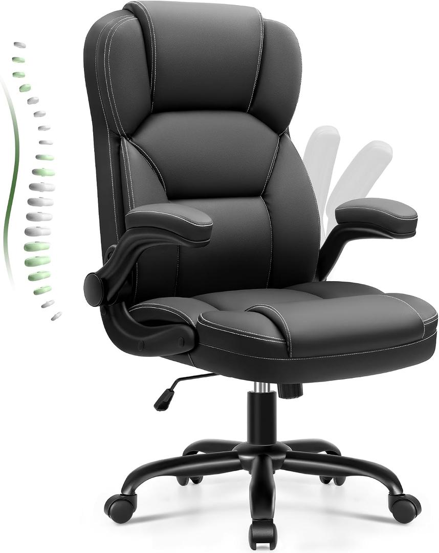Brick Attic Leather Office Chair with Flip Up Arms, 360 Swivel Ergonomic Desk Chair with Wheels, Adjustable Height Computer Chair with Padded Seat for Home Office, Study,Gaming Room, Black