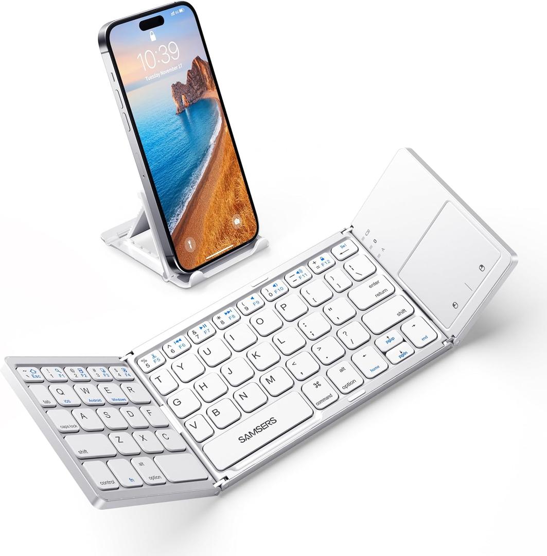 Samsers Foldable Bluetooth Keyboard with Touchpad - Portable Wireless Keyboard with Holder, Rechargeable Full Size Ultra Slim Pocket Folding Keyboards for Android Windows iOS Tablet & Laptop - Silver (BT x1)