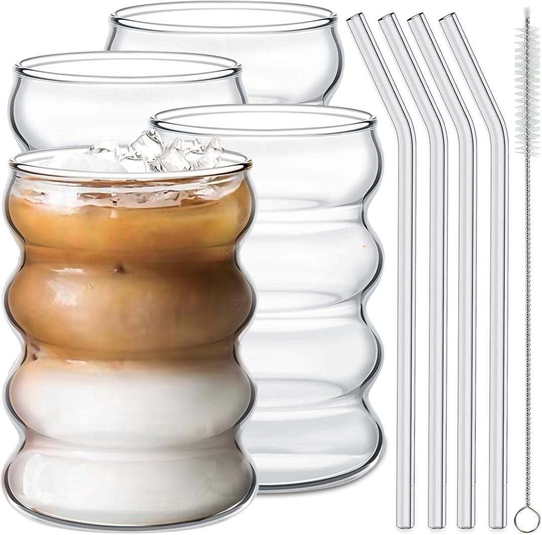 4 Pcs Drinking Glasses with Glass Straw 14oz Glassware Set,Cocktail Glasses,Iced Coffee Glasses,Beer Glasses,Ideal for Water,Soda,Tea,Gift - with Cleaning Brushe (Bamboo)