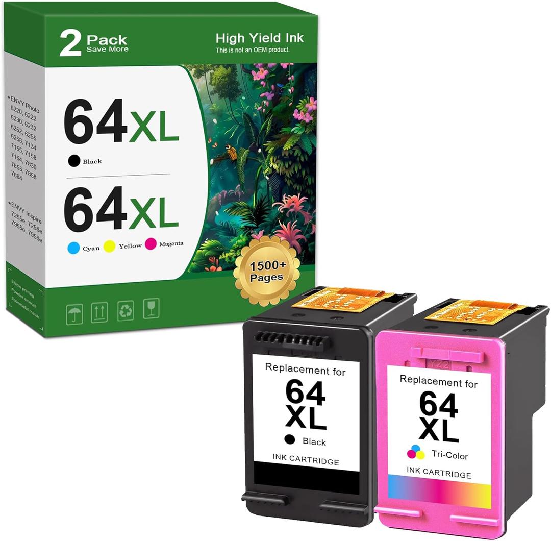 64 XL 64XL Black and Color Ink Cartridge Replacement for HP Ink 64XL HP64 Ink Cartridge for HP Envy Photo 7855 7858 7155 6255 7100 7800 Tango Printer (2 Pack)