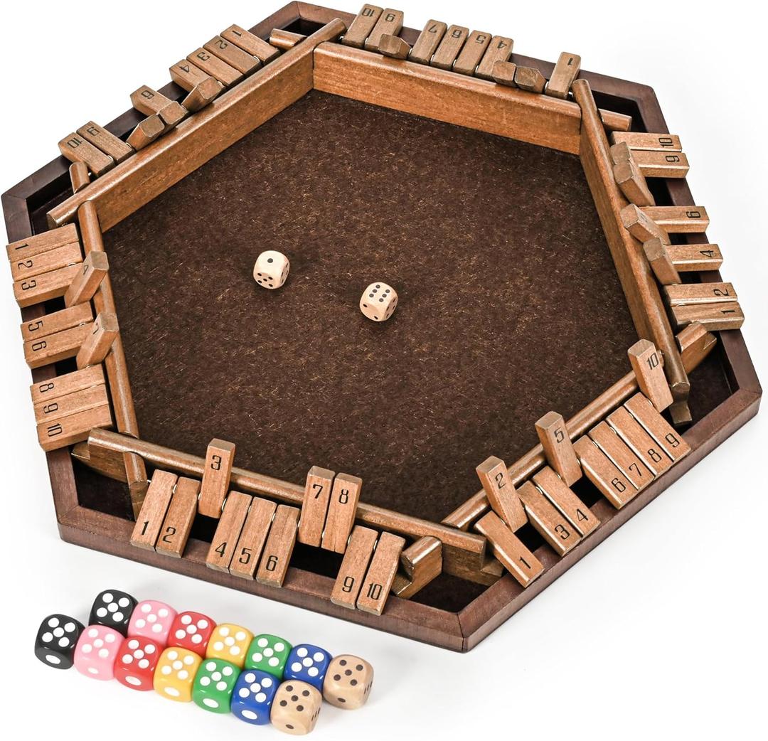 ropoda 6-Way Shut The Box Game-Upgraded 1-6 Player Wooden Dice Game for Adults and Kids, Addition Training, Fun for Family Game Night-Vintage Style