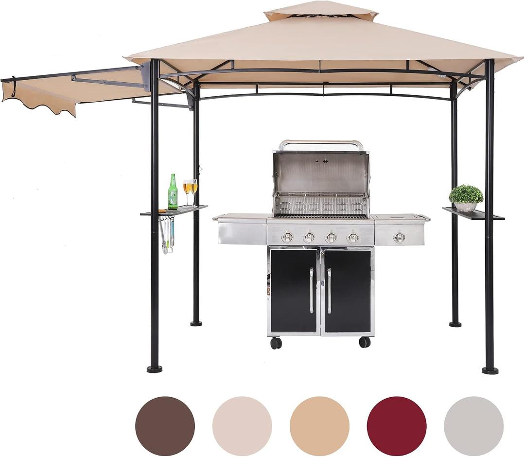 FAB BASED 5x8 Grill Gazebo with Extra Awning, All-Weather Steel Construction, Double Tiered & Resistant Canopy Roof, Metal Serving Shelves, 2 LED, Bottle Opener for Patio, Backyard, BBQ (Beige)