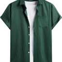 Hardaddy Men's Casual Striped Shirts Button Down Short Sleeve Blouse Summer Hawaiian Shirt (Green, M)