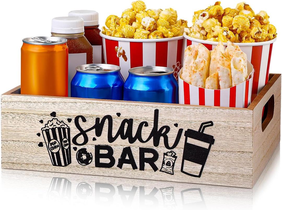 GlikCeil Movie Night Supplies Snack Trays with Handles Reusable Wooden Movie Gift Basket for Theater Popcorn Bucket Bowl Box Container Family Room Valentine's Day Decor(Snack Bar)