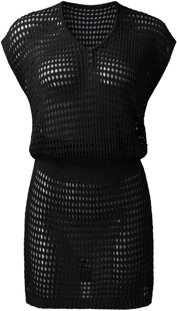 Women's Cover Up Short Sleeve Beachwear Coverups Loose V-Neck Bikini Beach Tunic Top (Black, One Size)
