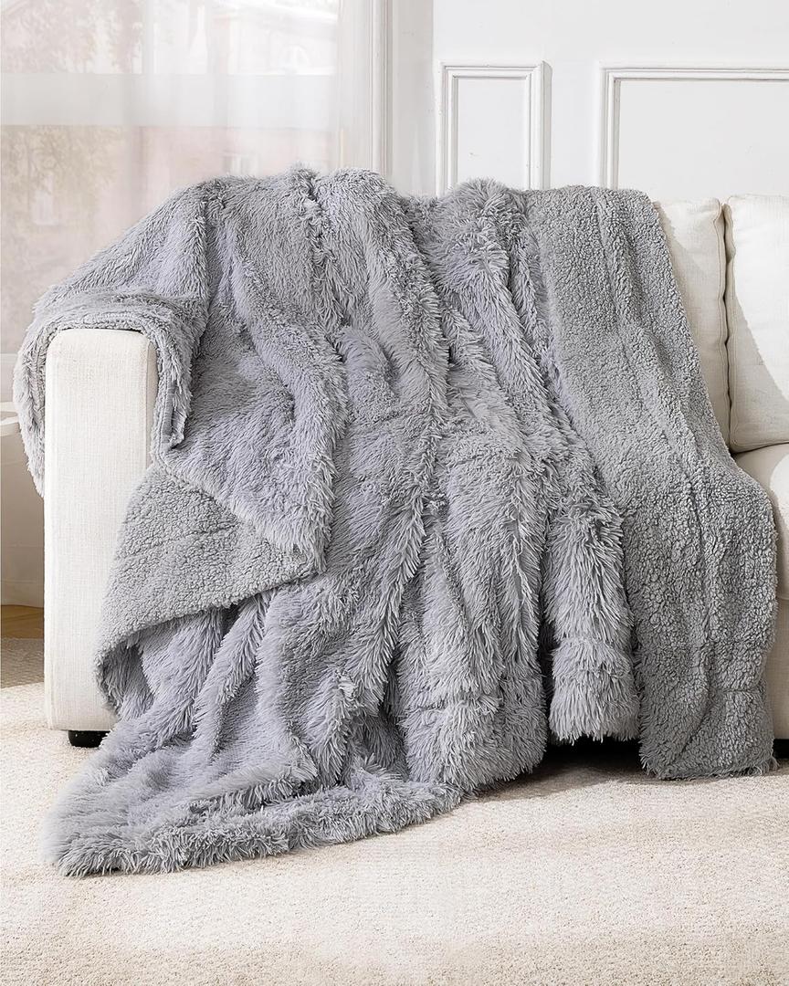 Super Soft Fluffy Fuzzy Faux Fur Sherpa Fleece Blanket Twin Size, Plush Thick Warm Blanket for Bed Couch, College Dorm Essentials Gifts for Girls Boys, Room Decor for Winter, 60" x 80" (Light Grey)