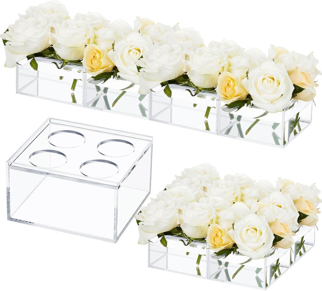 Tanlade 4 Pcs Acrylic Flower Vase Total 17 Inches Long Rectangular Floral Centerpiece for Dining Table Modern Acrylic Flower Box Decorative Clear Rectangle Vase Low Floral Vases for Home Wedding