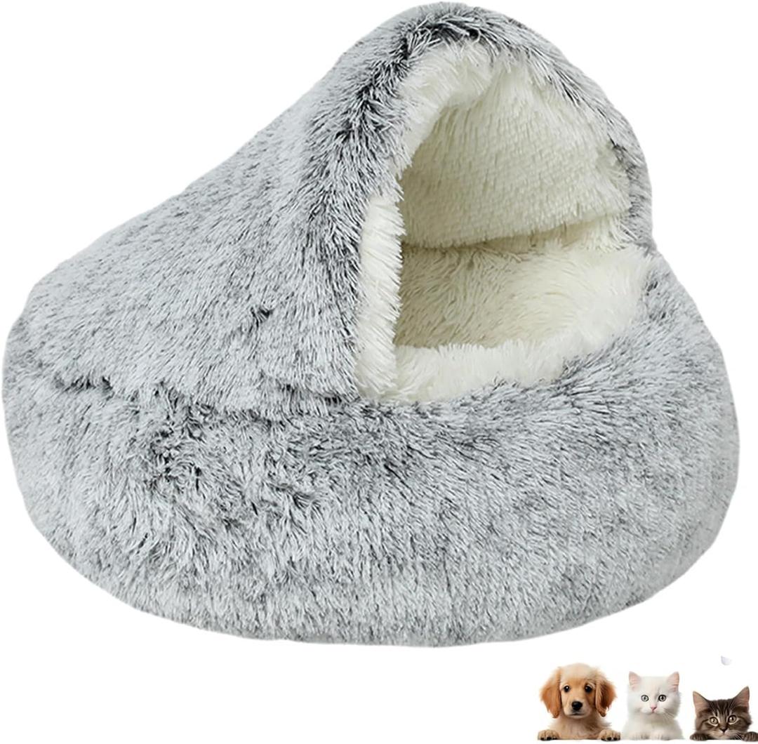 Cat Bed Round Fluffy Hooded Cat Bed Cave, AntiAnxiety Cave Bed with Hooded Blanket, Cozy Cuddler Luxury Puppy Pet Bed, AntiSlip Bottom and Machine Washable (Grey, Large)