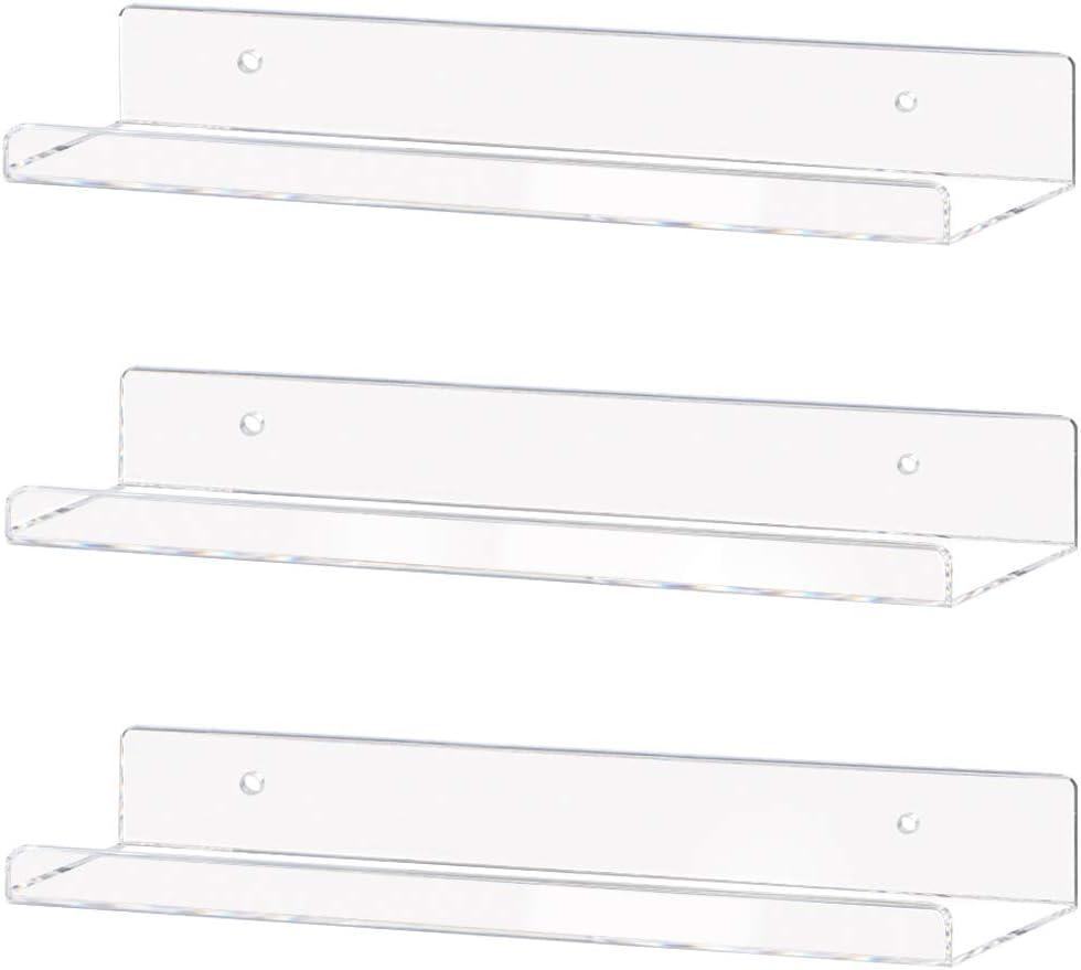 Weiai Clear Acrylic Shelf 15" Invisible Floating Wall Ledge Bookshelf, Kids Book Display Shelves Wall Mounted (15 Inch 3Pack)