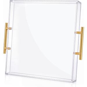 Gerrii 24" x 24" Extra Large Acrylic Ottoman Tray with Gold Handles, Large Clear Coffee Table Serving Tray Square Decorative Centerpiece Platter for Living Room, Bar, Perfume Display and Home Decor