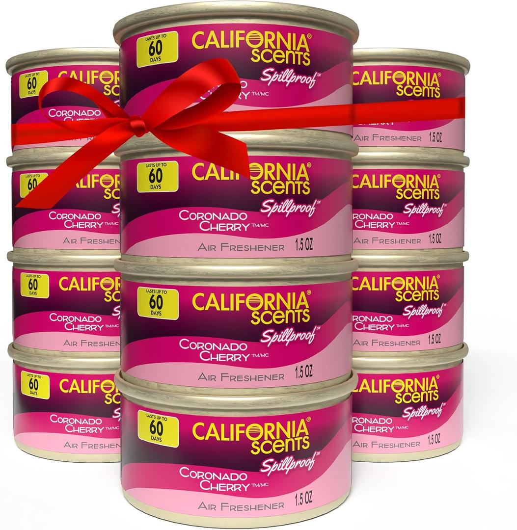 Can Air Freshener and Odor Neutralizer by California Scents, Stocking Stuffers, Set of 11 Spillproof Cans for Home and Car, Coronado Cherry, 1.5 Oz Each