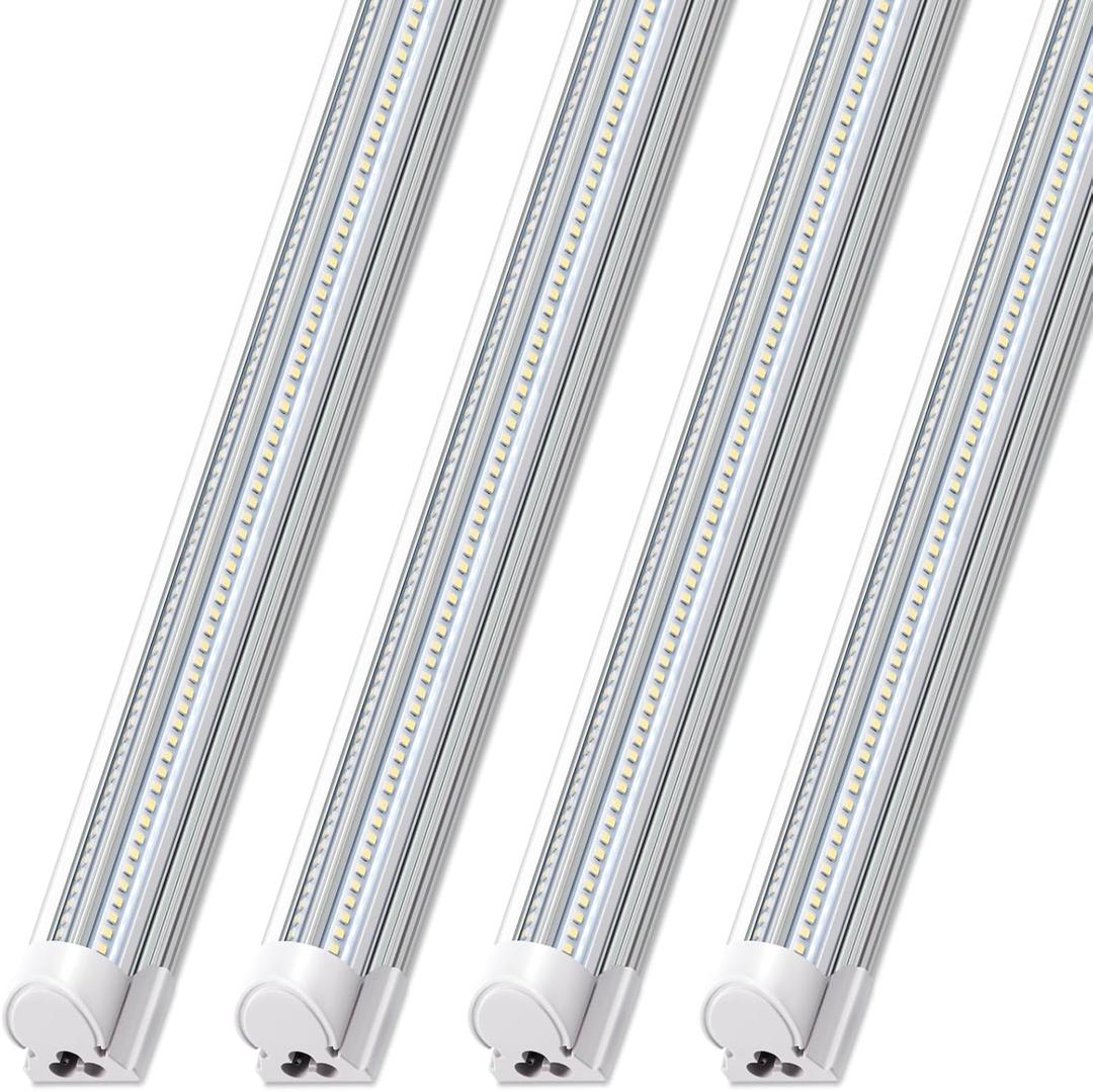 Barrina LED Shop Lights, 8FT 100W 15000LM 6500K, Super Bright White, V Shape, Clear Cover, High Output, Linkable, T8 LED Tube Light, for Garage 8 Foot with Plug (Pack of 4)