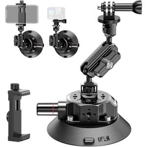 CAMBOFOTO 4.6" Camera Suction Cup Mount with Ball Head Magic Arm, Car Mount with Action Camera Adapter and Phone Holder, Compatible with DSLR Cameras Sony, Canon, Nikon/Phone/DJI/Insta 360 (Black)