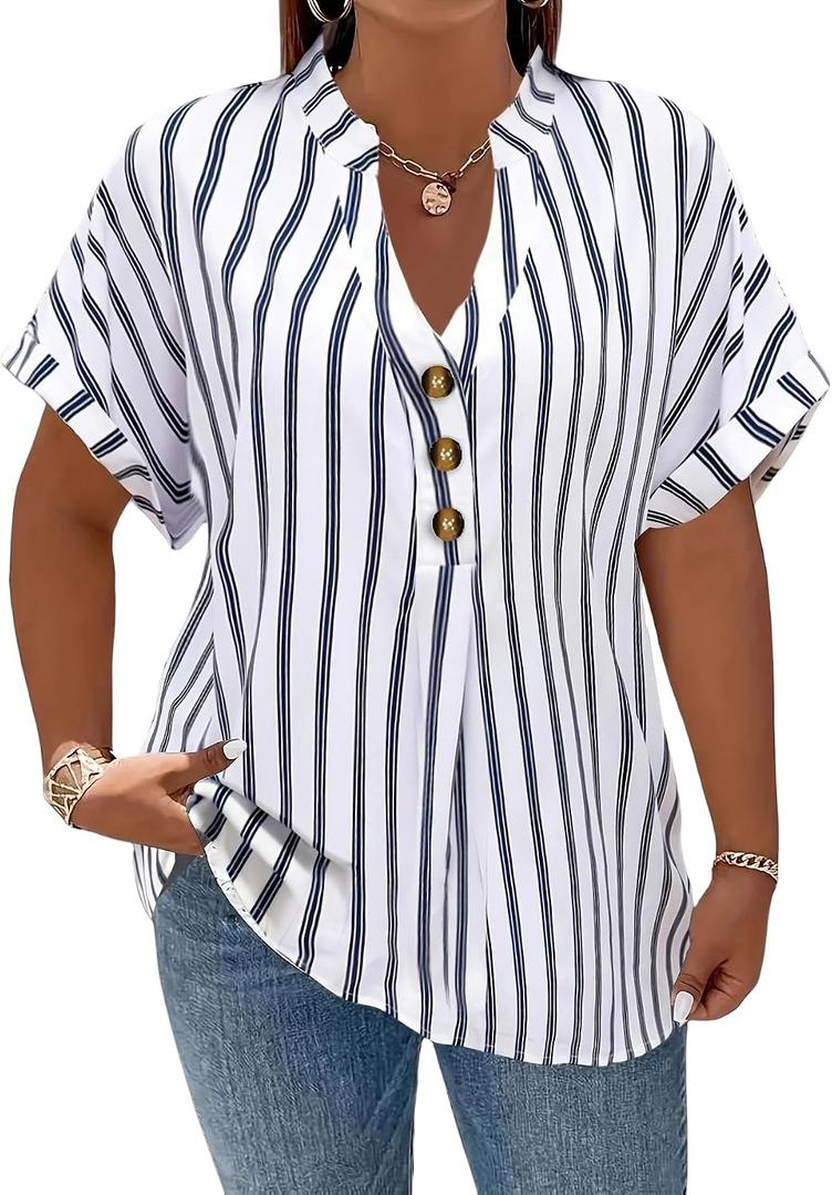 Plus-Size Women's Striped Blouse Spring Summer New Notched V-Neck Short Sleeve Decorative Buttons, 5xl
