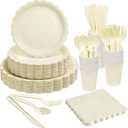 Goodluck Ivory Scalloped Disposable Tableware Set - 350PCS (50 Guests), 7"&9" Plates, 9oz Cups, Napkins, Cutlery, Food Grade, Waterproof & Oil-Proof for Birthday, Wedding, Bridal&Baby Shower