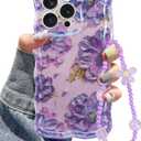 Jusy Compatible with iPhone 11 Pro Max,with Bracelet Chain, Colorful Retro Oil Painting Printed Flower Laser Glossy Pattern Cute Curly Wave Phone Case Soft TPU Cover for Girly Women - Purple
