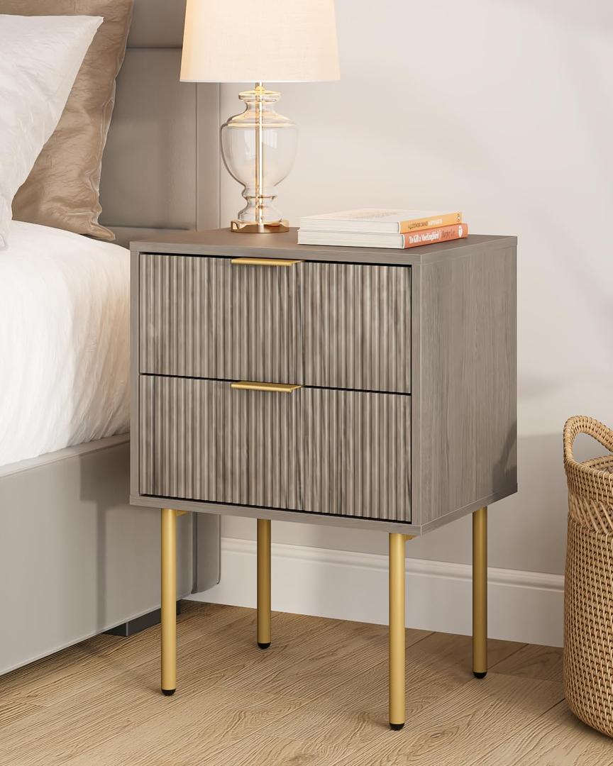 Night Stand,Mid-Century Modern Bedside Table with 2 Storage Drawer,Small Gold Frame Side End Table for Bedroom,Living Room, Grey